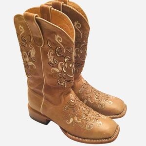 Shyanne Western Boots Tan Leather Inlays Embroidery Square toe Women’s 10 M